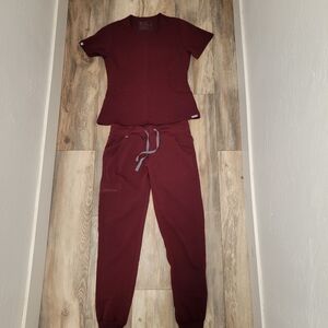 Figs Maroon Scrub Set with Gray Ties
